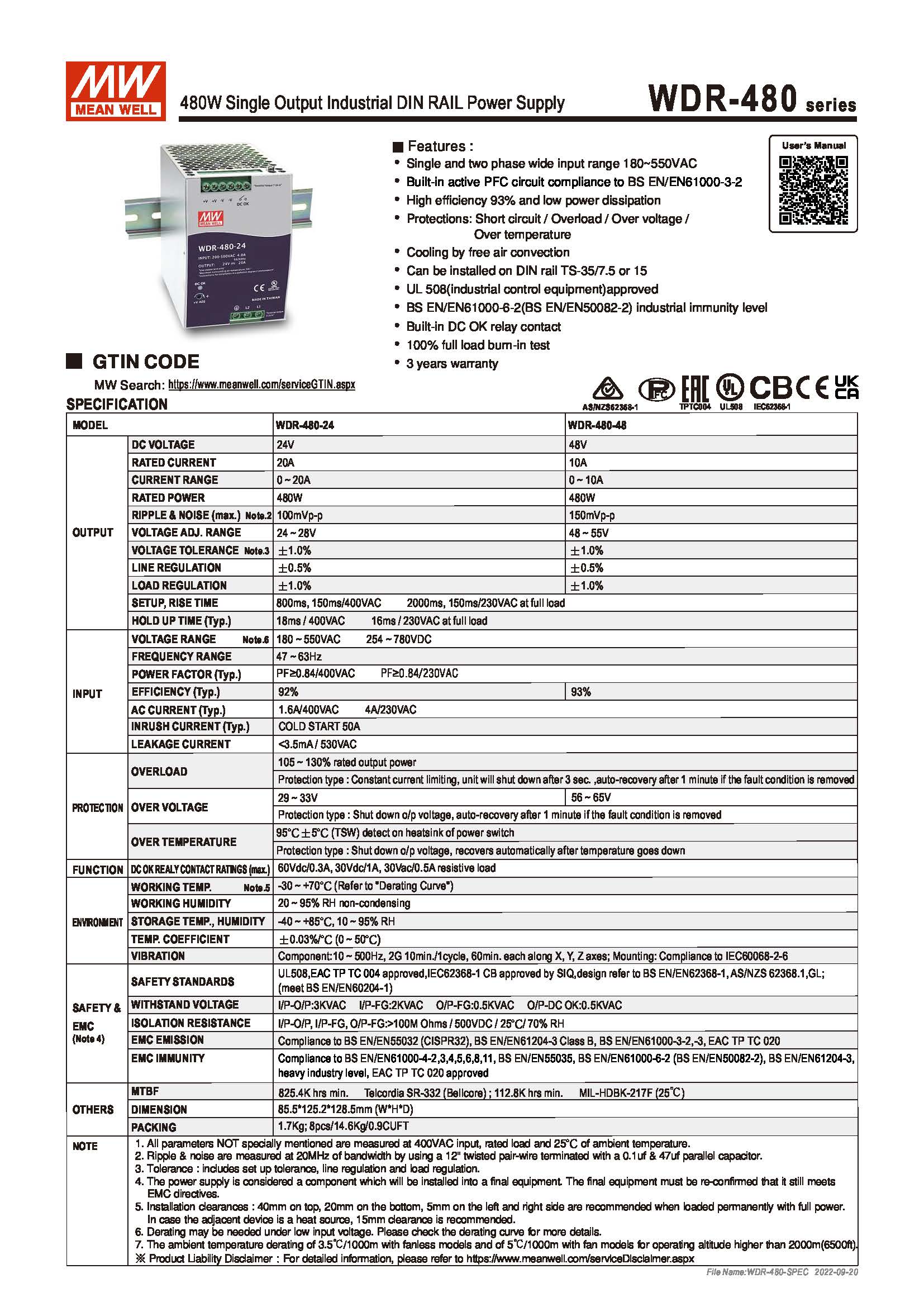(Meanwell)Industrial DIN-Rail Power adapter 480W Single Output Industrial DIN RAIL Power Supply WDR-480-24