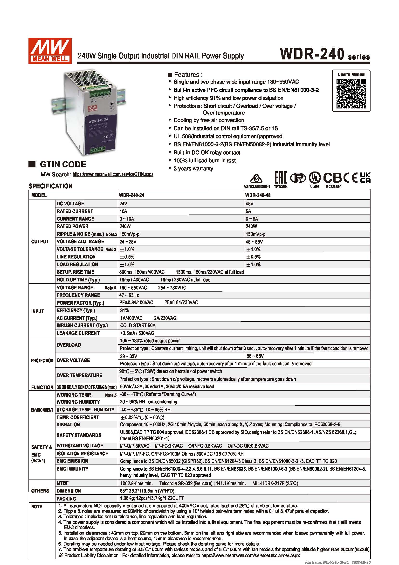 (Meanwell)Industrial DIN-Rail Power adapter 240W Single Output Industrial DIN RAIL Power Supply WDR-240-48
