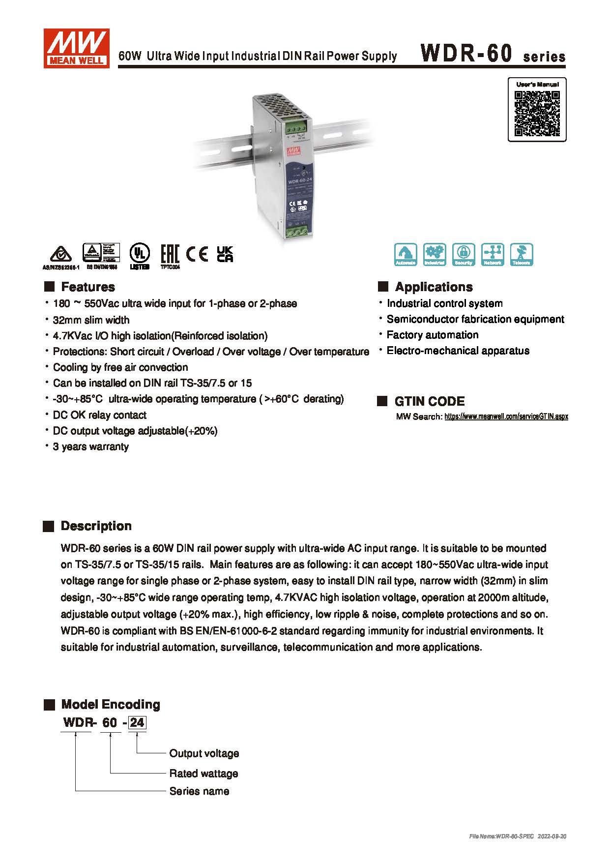(Meanwell)Industrial DIN-Rail Power adapter 60W Ultra Wide Input Industrial DIN Rail Power Supply WDR-60-5 