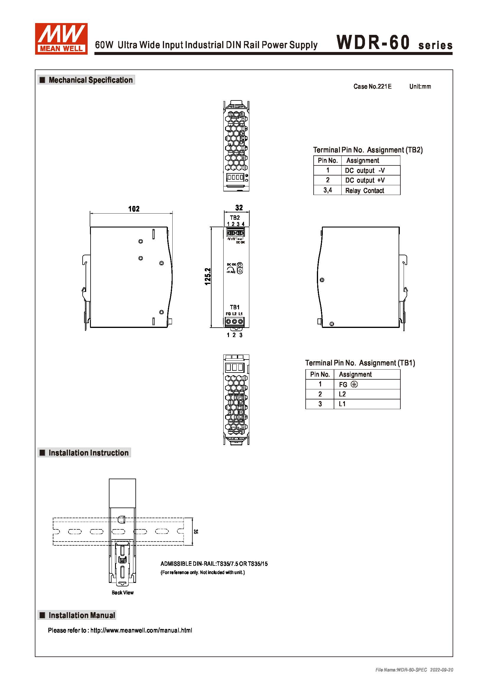 (Meanwell)Industrial DIN-Rail Power adapter 60W Ultra Wide Input Industrial DIN Rail Power Supply WDR-60-5 